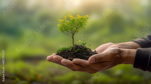Environment Earth Day In the hands of trees growing seedlings. Bokeh green Background male hand holding tree on nature field grass,Ai