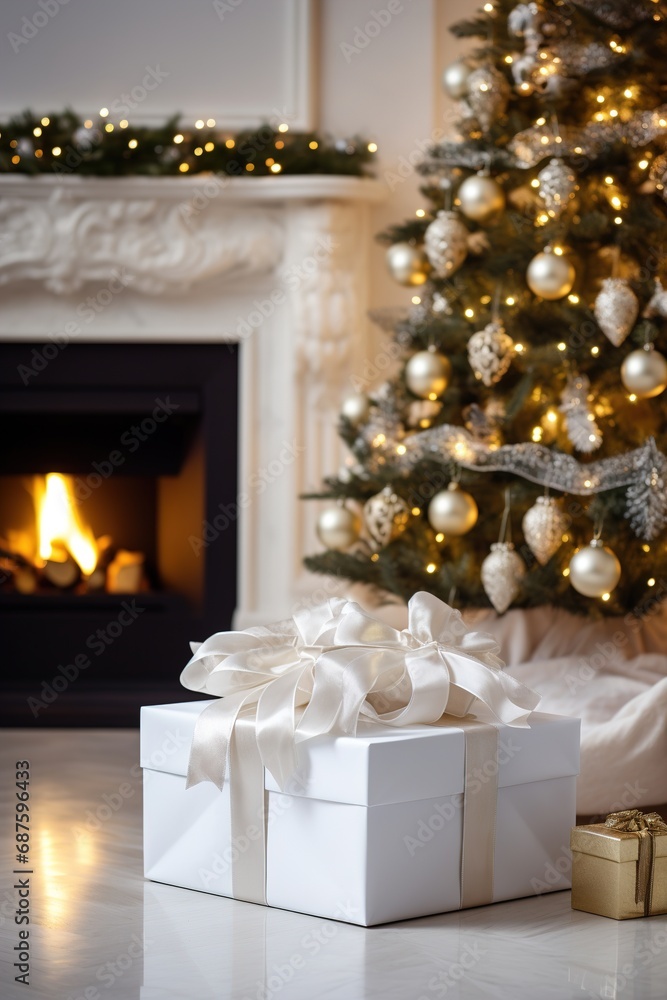 White box with a Christmas theme and a fireplace in the background with a Christmas tree, Image for advertising, Banner, Magazines White box with a Christmas theme and a fireplace in the background with a Christmas tree, Image for advertising, Banner, Magazines