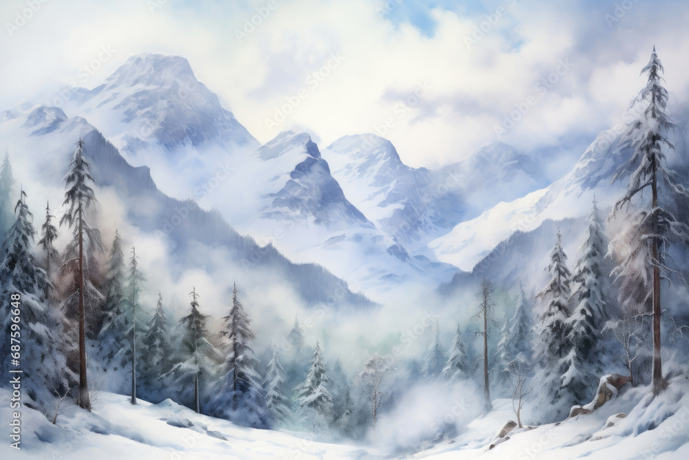 Fototapeta premium Majestic Winter Peaks in Watercolor