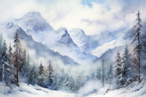 Majestic Winter Peaks in Watercolor