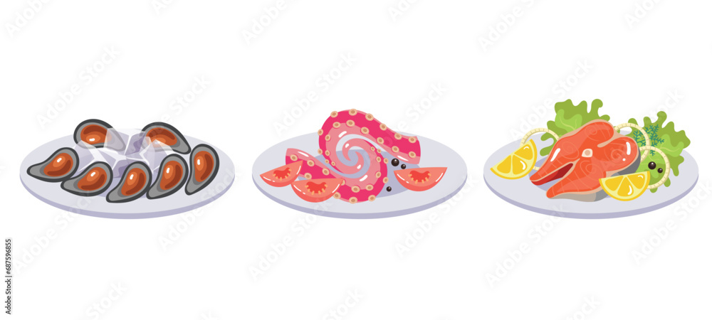 Seafood food dish plate sea meat kitchen isolated set. Vector flat graphic design illustration - obrazy, fototapety, plakaty 