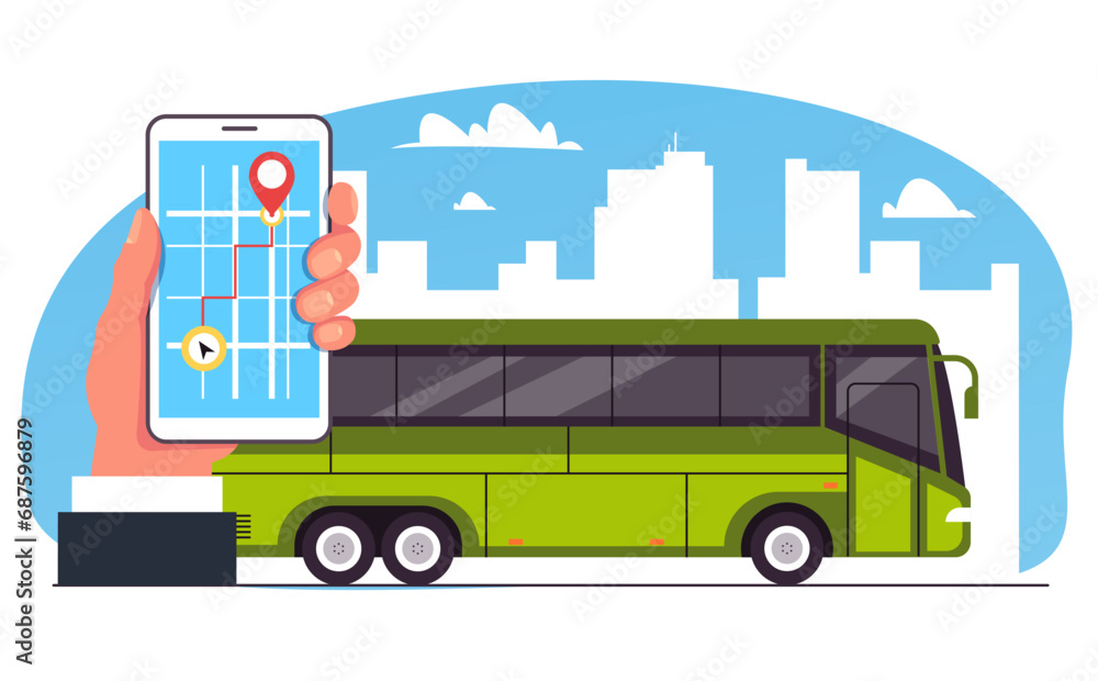 Bus public route track navigation location mobile app concept. Vector flat graphic design illustration
