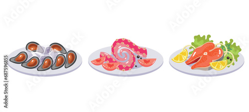 Seafood food dish plate sea meat kitchen isolated set. Vector flat graphic design illustration