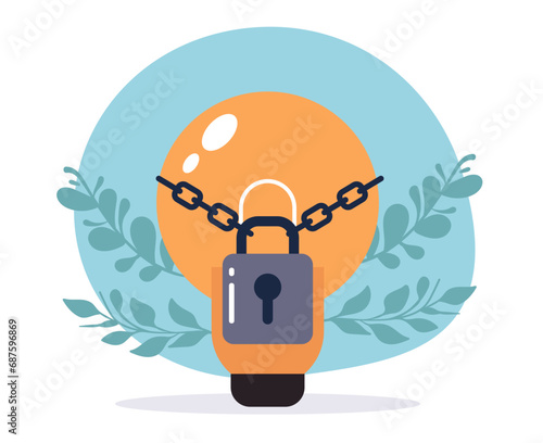 Locked idea intellectual property copyright trademark law concept. Vector flat graphic design illustration