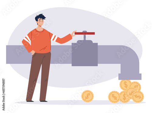 Money faucet tap investment business cash flow concept. Vector flat graphic design illustration