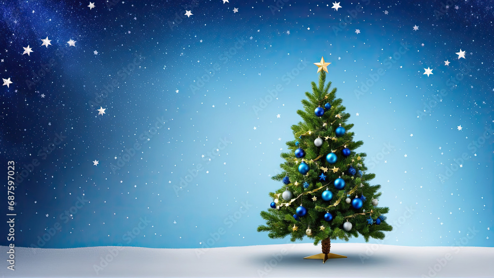 A Festive Christmas Tree Adorned with Blue and Gold Ornaments A Festive Christmas Tree Adorned with Blue and Gold Ornaments