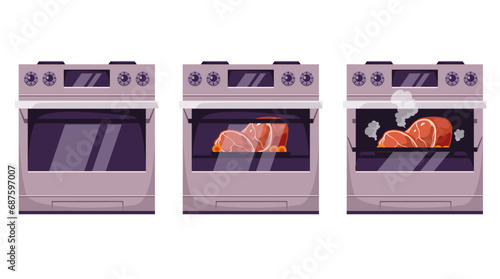 Chicken turkey cooking baking in oven concept. Vector flat graphic design element concept illustration
