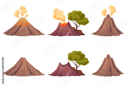 Volcano smoke active volcanic fire landscape concept. Vector graphic design illustration