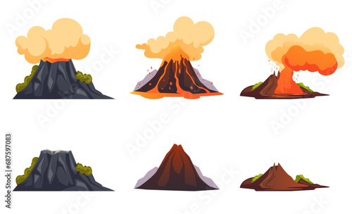Volcano smoke active volcanic fire landscape concept. Vector graphic design illustration