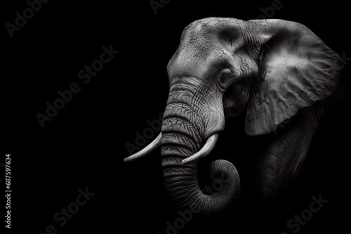 Black and white photorealistic studio portrait of an African Elephant on black background. ai generative photo