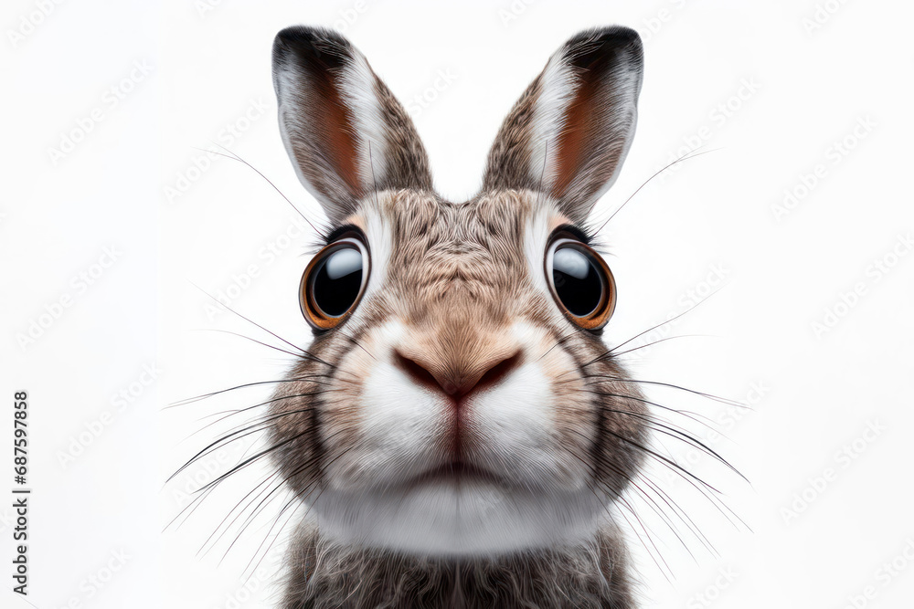 Fototapeta premium Closeup Funny Portrait of surprised hare with Huge Eyes on solid white background, wide angle shot. ai generative
