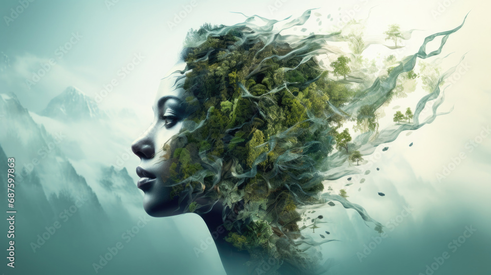 Portrait of young woman with green trees made in the double exposure technique. Environmental consciousness concept - obrazy, fototapety, plakaty 