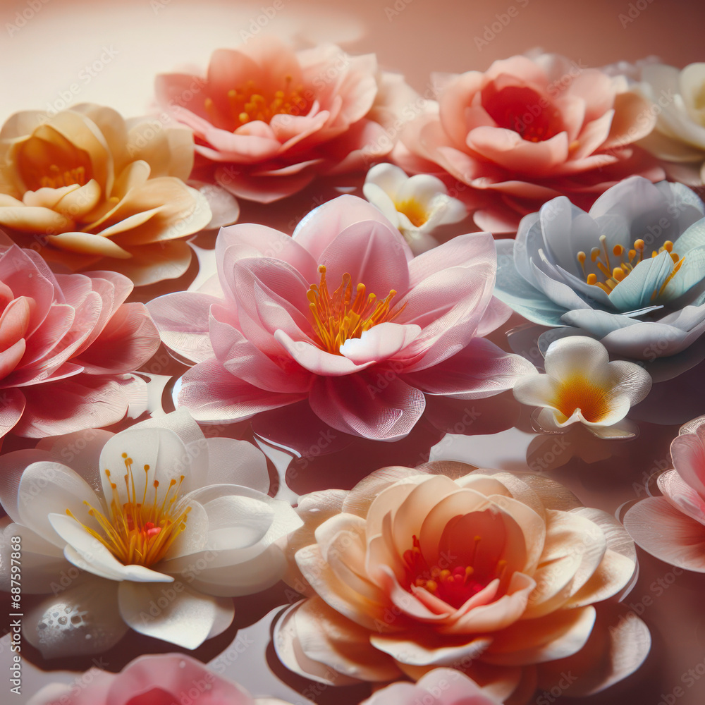 colorful blossoming flowers with gentle petals and pleasant aroma in water. ai generative colorful blossoming flowers with gentle petals and pleasant aroma in water. ai generative