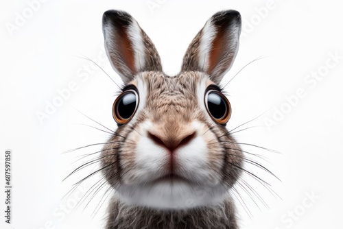 Closeup Funny Portrait of surprised hare with Huge Eyes on solid white background, wide angle shot. ai generative © Igor