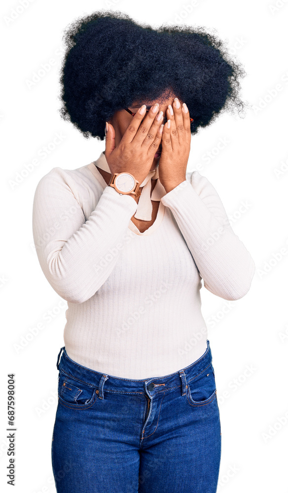 Young african american girl wearing casual clothes and glasses rubbing eyes for fatigue and headache, sleepy and tired expression. vision problem