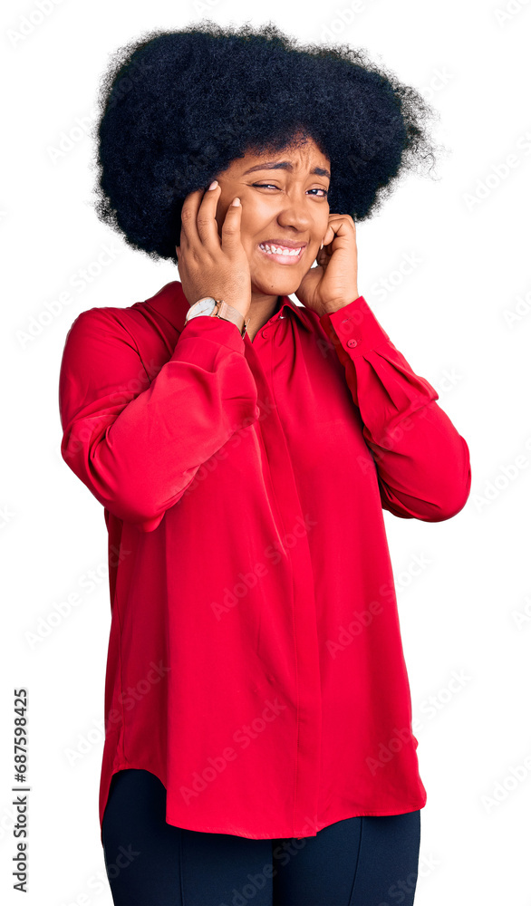 Young african american girl wearing casual clothes covering ears with fingers with annoyed expression for the noise of loud music. deaf concept. Young african american girl wearing casual clothes covering ears with fingers with annoyed expression for the noise of loud music. deaf concept.