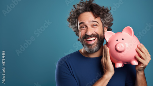 Man smiling broadly, and holding a piggybank, signifying responsible financial planning and savings. photo