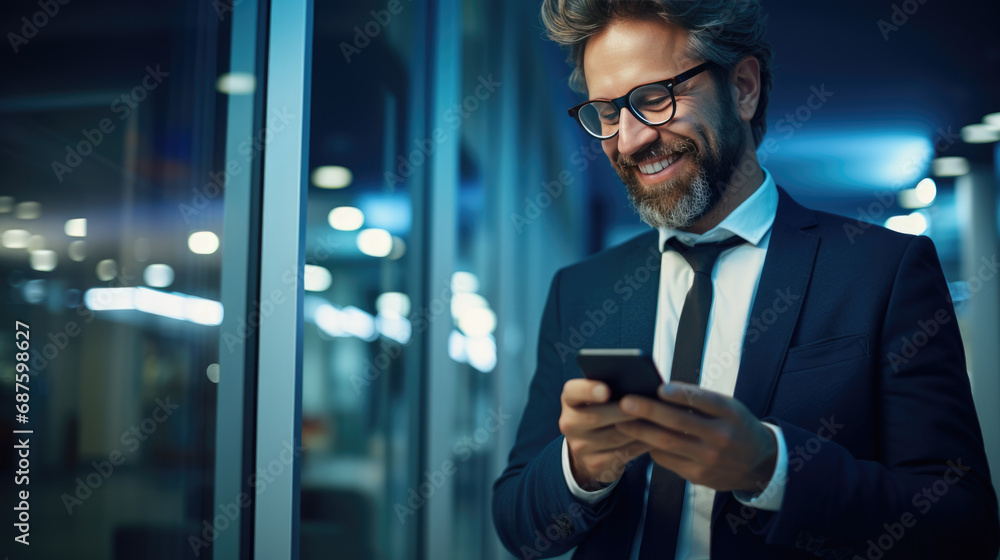 Smiling man in a business suit is looking at his smartphone against office background Smiling man in a business suit is looking at his smartphone against office background