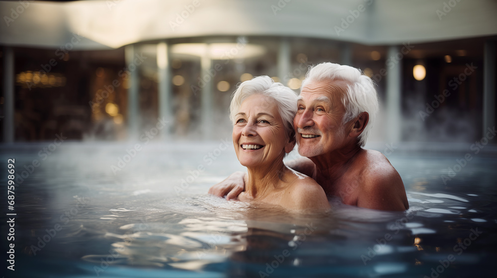Fototapeta premium An elderly couple having a bath in a thermal water pool.