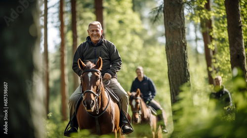 A elderly man riding a horse in the forest. 