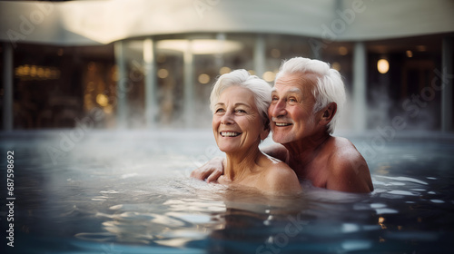 An elderly couple having a bath in a thermal water pool.