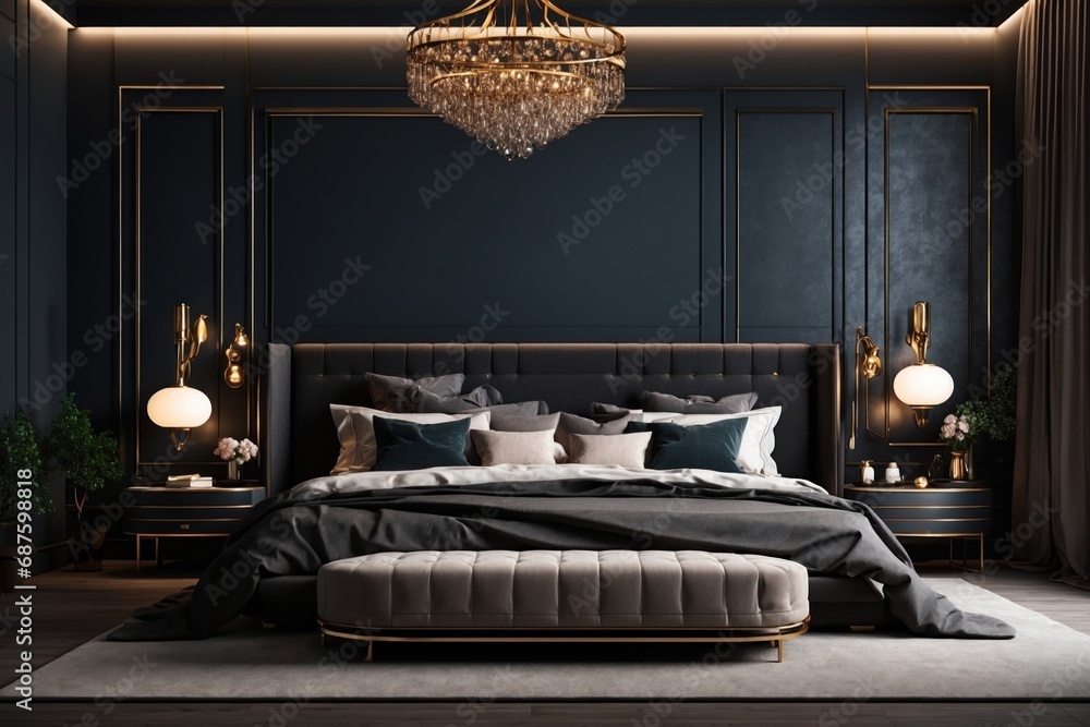luxury bedroom interior with king size bed, dark walls, hidden wall lights behind the bed. ai generative - obrazy, fototapety, plakaty 