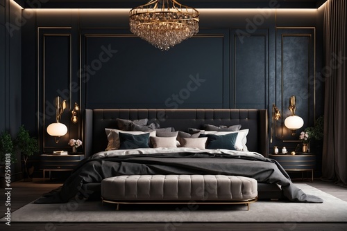 luxury bedroom interior with king size bed, dark walls, hidden wall lights behind the bed. ai generative