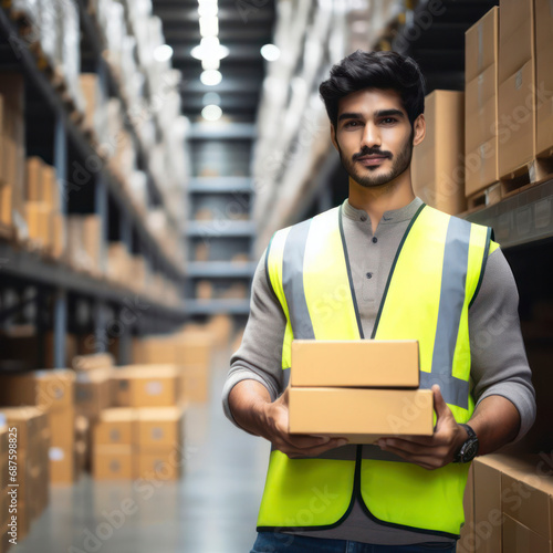 male worker in a warehouse, Young man in high visibility vest with carton box. ai generative