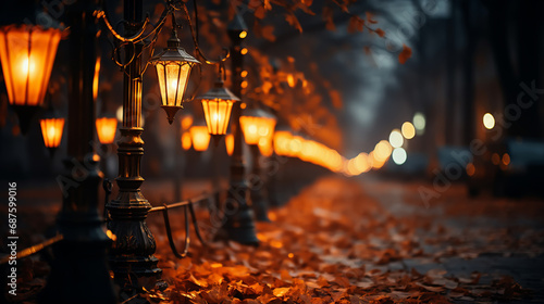 The light of lanterns on the road strewn with fallen leaves in the fog