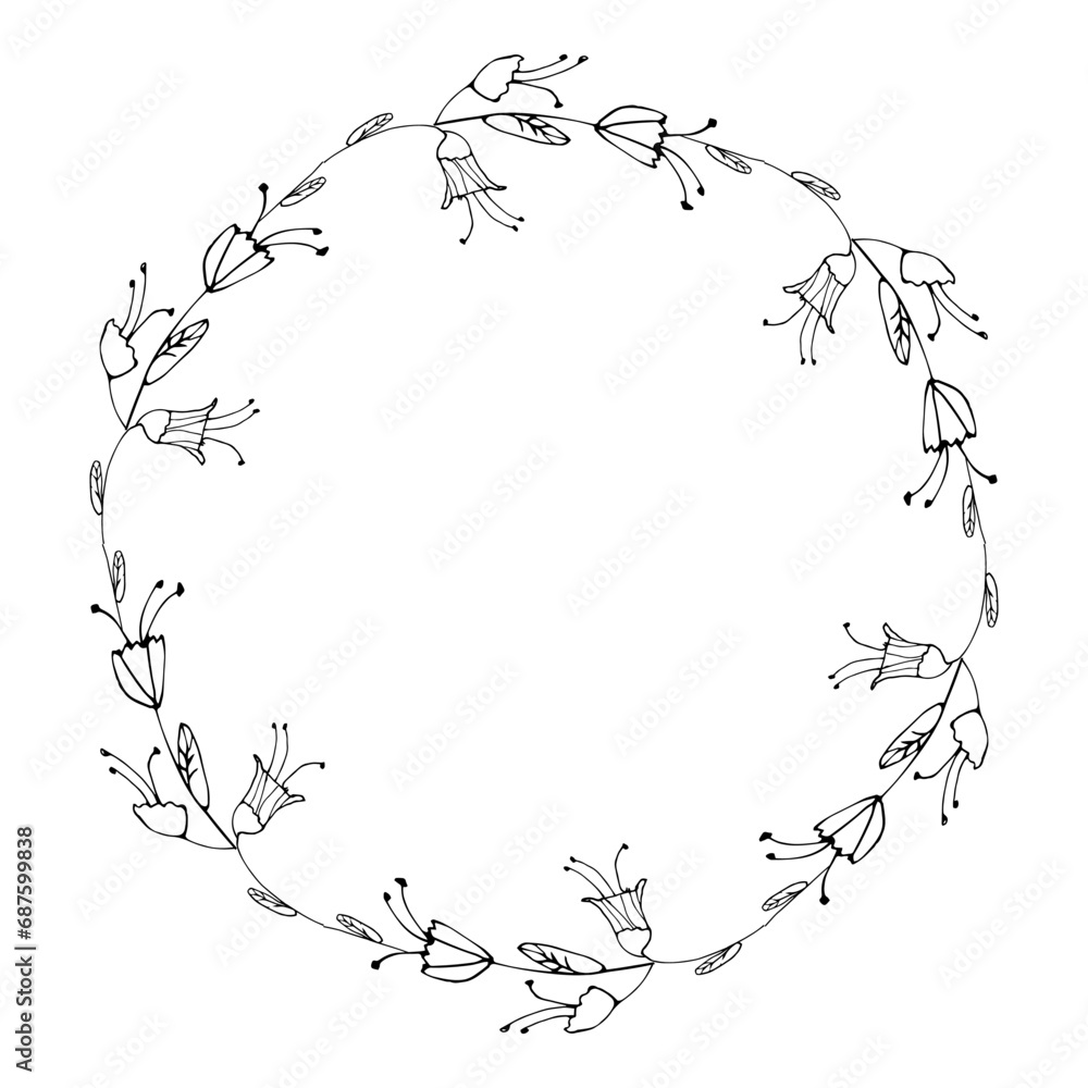 Lovely circle Floral frame. Wreath of flowers. Vector illustration. Hand drawn cute bluebells. Empty beautiful round for design.