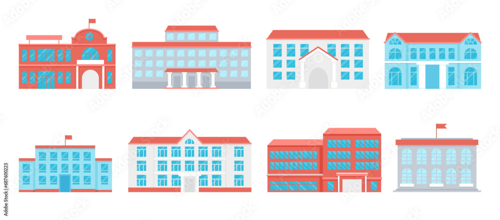 Flat public school buildings icons. Urban education center, university or college building. City architecture graphic decent vector collection