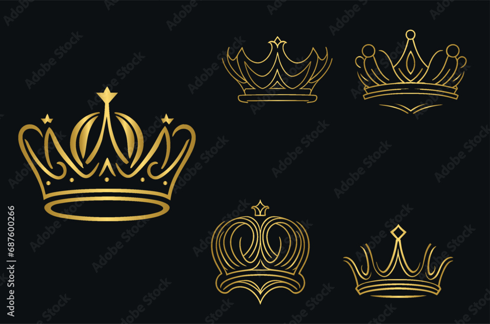 Set of golden crown, king, queen, princess, prince gold crown Set of golden crown, king, queen, princess, prince gold crown
