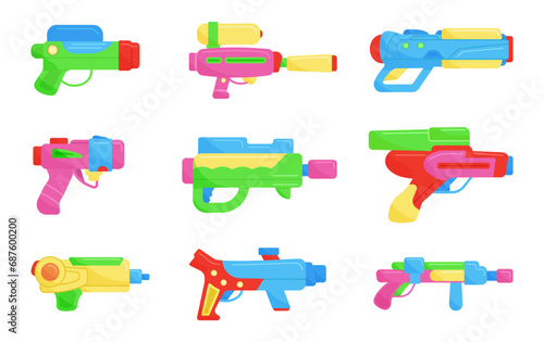Children gun toy. Plastic space guns, water kids weapon. Neon blasters and rayguns, pistols for games. Childish shooting toys decent vector elements