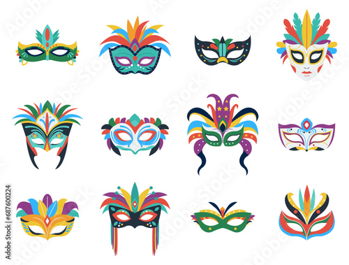 Flat carnival masks. Decorative venetian mask with feathers, isolated festival or party facial accessories. Masquerade clothes element decent vector set