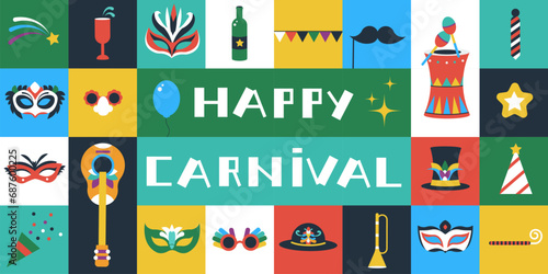 Carnival banner. Flat masks, musical instruments and colorful party props. Decorative festival elements, glass with splash, decent vector background