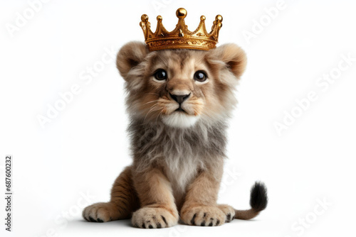 photo of a real Little lion with a large golden crown on his head on a white background. ai generative photo