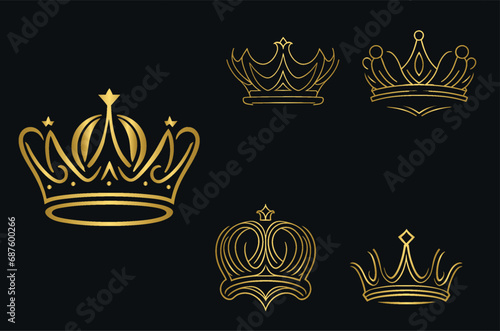 Set of golden crown, king, queen, princess, prince gold crown photo