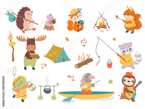 Hiking animals. Wild forest animal go to adventures on nature with backpacks. Walking and kayaking, fishing and sitting of camp fire, nowaday vector characters
