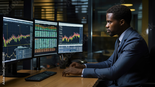 Stock Trader Man Using Multiple Monitors while working at office. © MP Studio