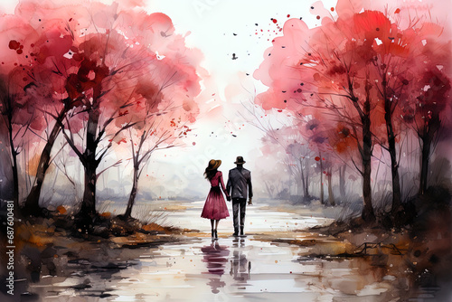 Watercolor Love couple. Valentines Day pink background. Ai generative art © Tatyana Olina