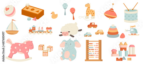 Children toys. Plastic, wooden and plush toy for kindergarten. Children buildings blocks and cubes, cars and train. Flat kids snugly vector set