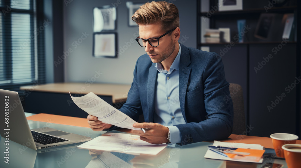 Middle aged man working on a laptop in his modern office Middle aged man working on a laptop in his modern office