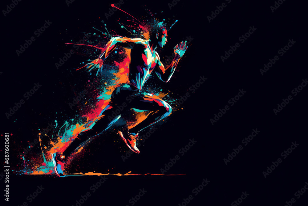 runner abstract illustration colorful splash contrast sharp on black background. ai generative
