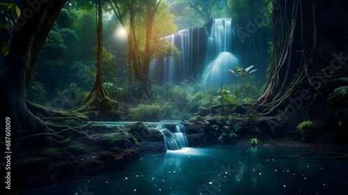 Mystery night at deep tropical rain forest with flowing cascade waterfall. Fantasy jangle landscape,Generative Ai photo