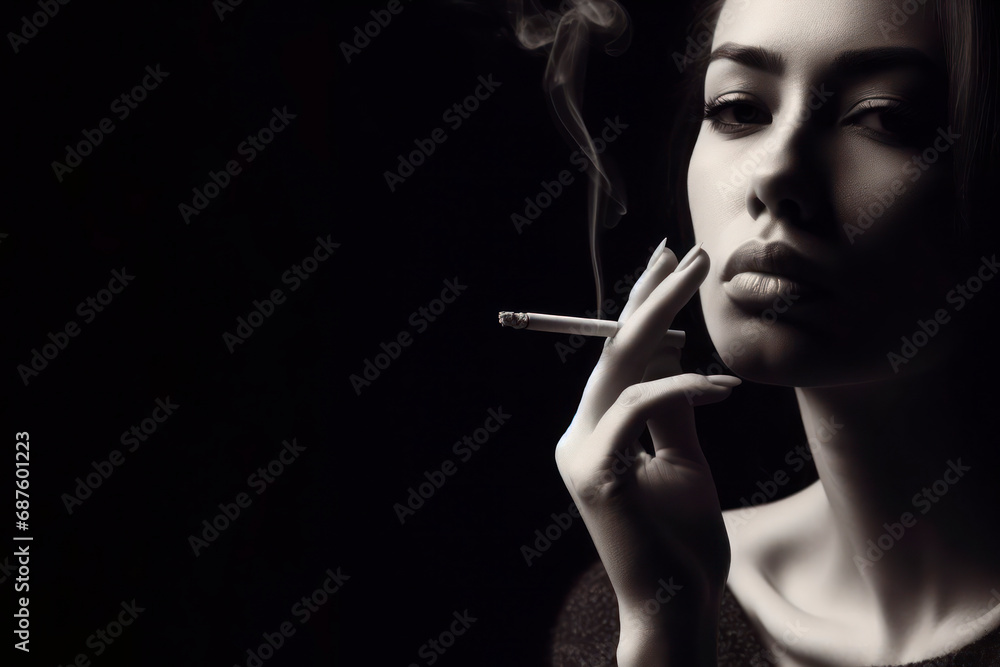Fototapeta premium Woman smoking a cigarette on black background. ai generative