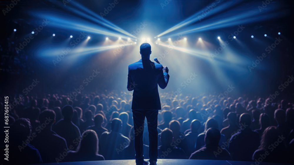Fototapeta premium Man in a suit speaking into a microphone in front of an audience in a dark auditorium.