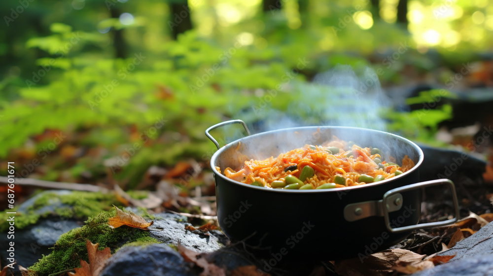 Portable gas stove and a frying pan in the camp with sunlight. Portable gas stove and a frying pan in the camp with sunlight.