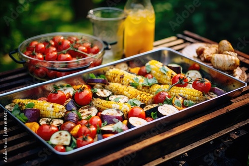 Appetizing grilled fish with grilled vegetables