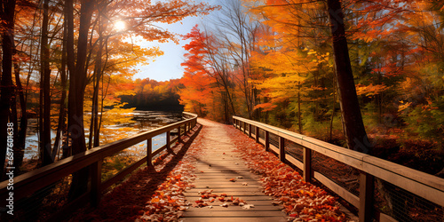 A wooden walkway in the woods with fall foliages and yellow leaves on trees behind it photo by steve gardin, Beautiful wooden pathway going the breathtaking colorful trees in a forest, generative AI
 photo