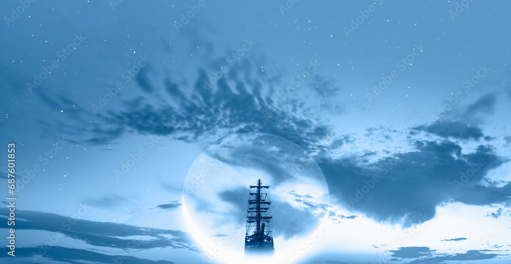 Obraz premium Sailing old ship in a storm sea with crescent moon stormy clouds in the background 
